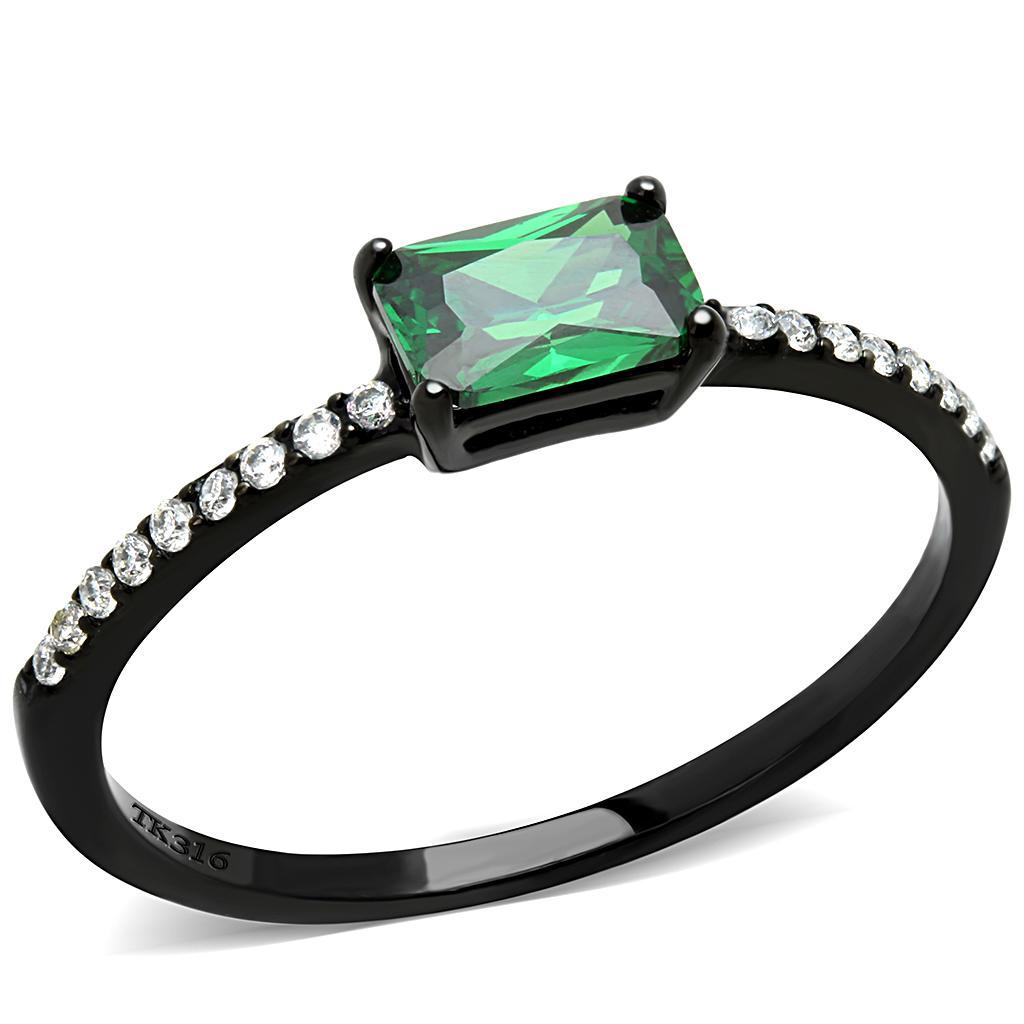 DA010 - IP Black(Ion Plating) Stainless Steel Ring with AAA Grade CZ  in Emerald - Joyeria Lady