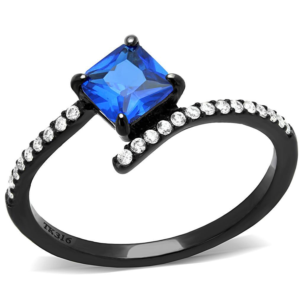 DA016 - IP Black(Ion Plating) Stainless Steel Ring with Synthetic Spinel in London Blue - Joyeria Lady