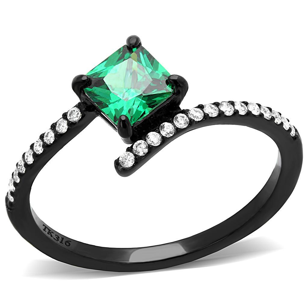 DA017 - IP Black(Ion Plating) Stainless Steel Ring with AAA Grade CZ  in Emerald - Joyeria Lady
