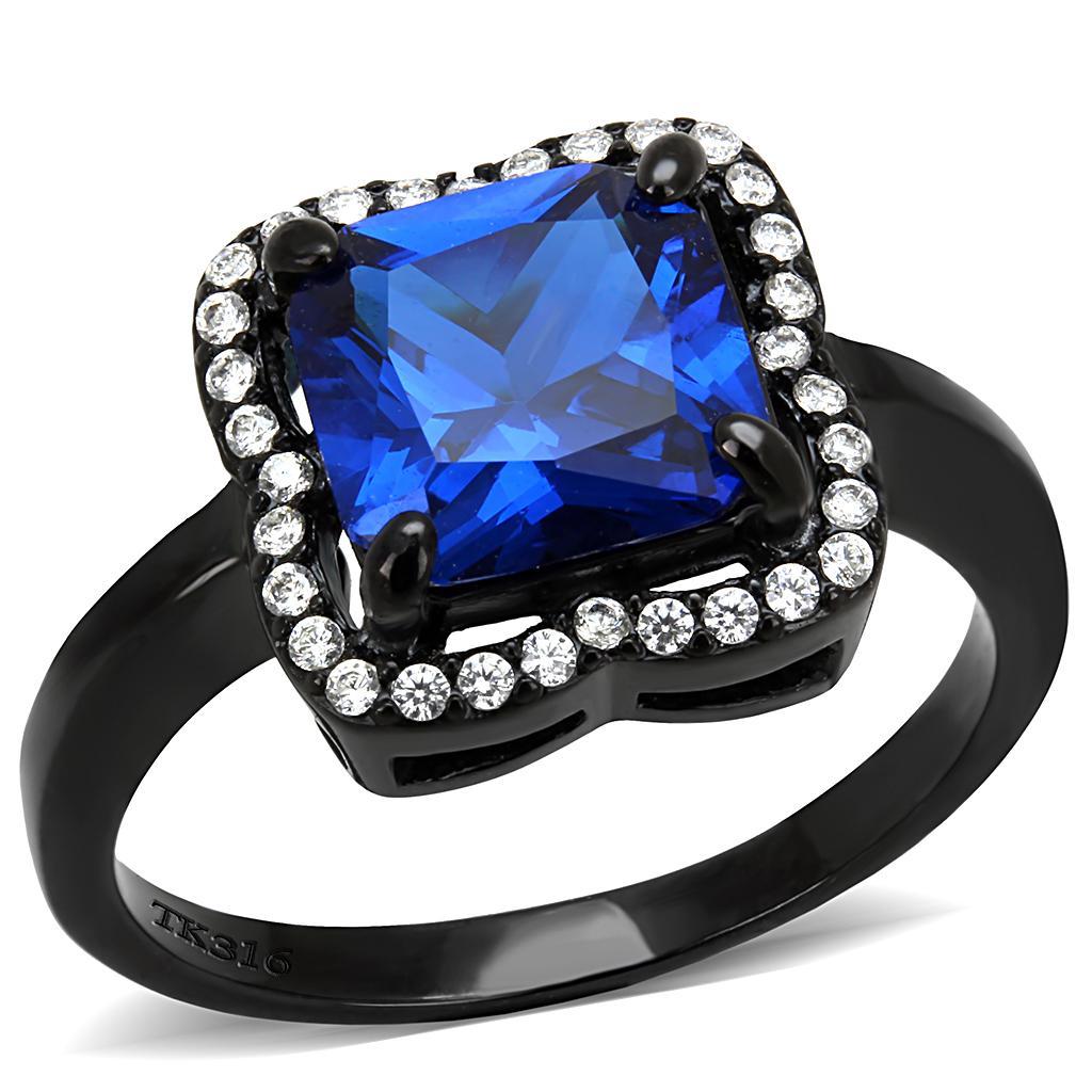 DA027 - IP Black(Ion Plating) Stainless Steel Ring with Synthetic Spinel in London Blue - Joyeria Lady
