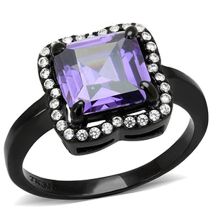 DA028 - IP Black(Ion Plating) Stainless Steel Ring with AAA Grade CZ  in Amethyst - Joyeria Lady