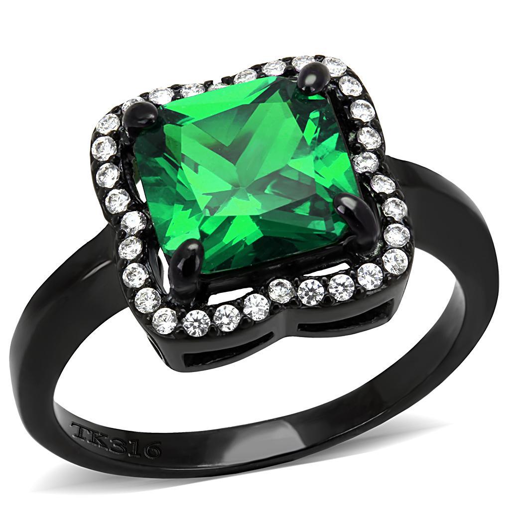 DA029 - IP Black(Ion Plating) Stainless Steel Ring with AAA Grade CZ  in Emerald - Joyeria Lady