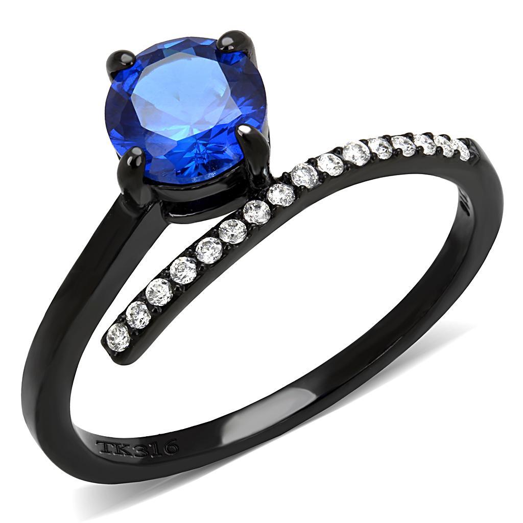 DA038 - IP Black(Ion Plating) Stainless Steel Ring with Synthetic Spinel in London Blue - Joyeria Lady