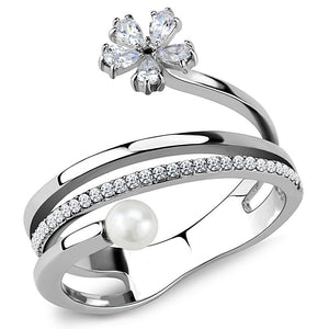 DA059 - High polished (no plating) Stainless Steel Ring with Synthetic Pearl in White - Joyeria Lady