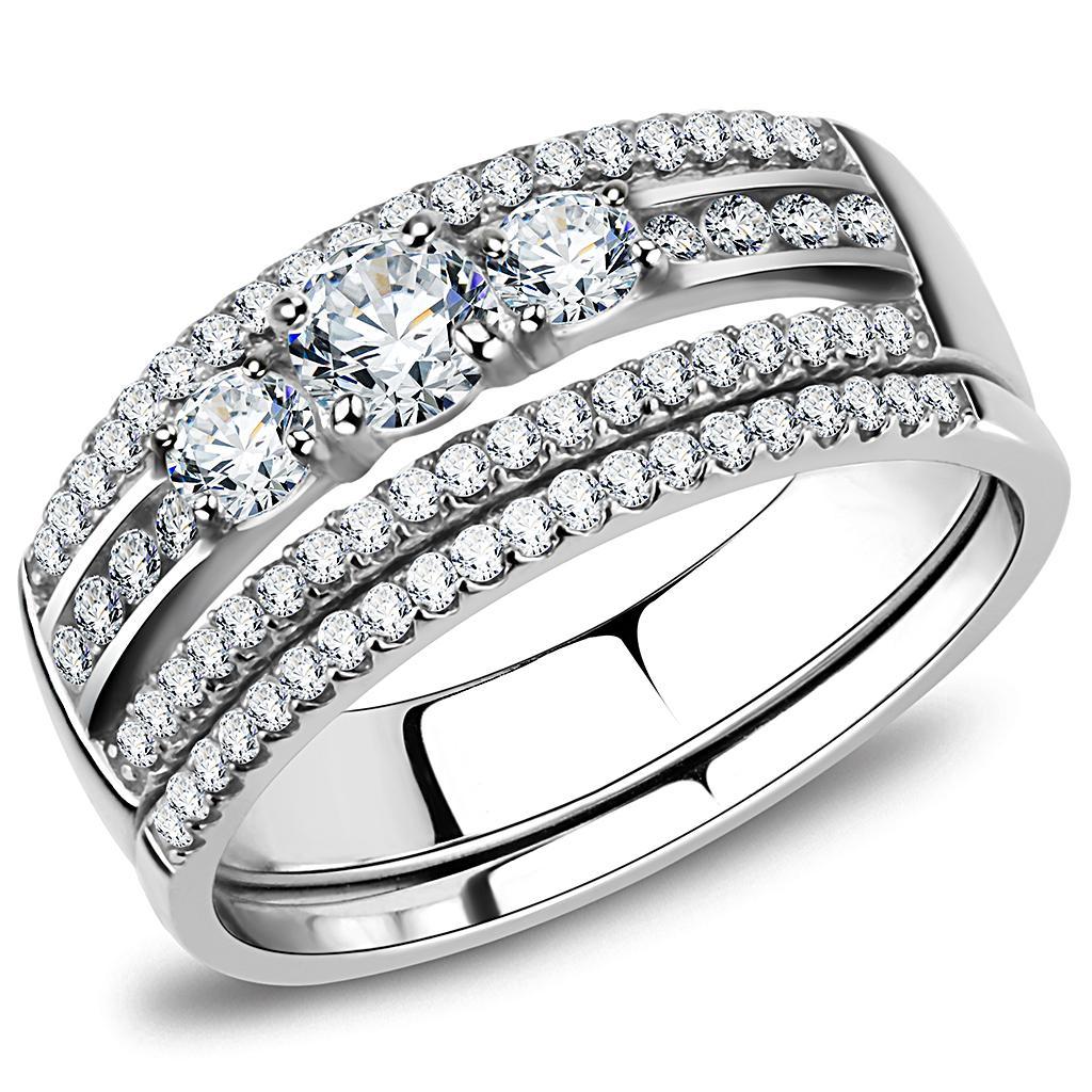 DA062 - High polished (no plating) Stainless Steel Ring with AAA Grade CZ  in Clear - Joyeria Lady