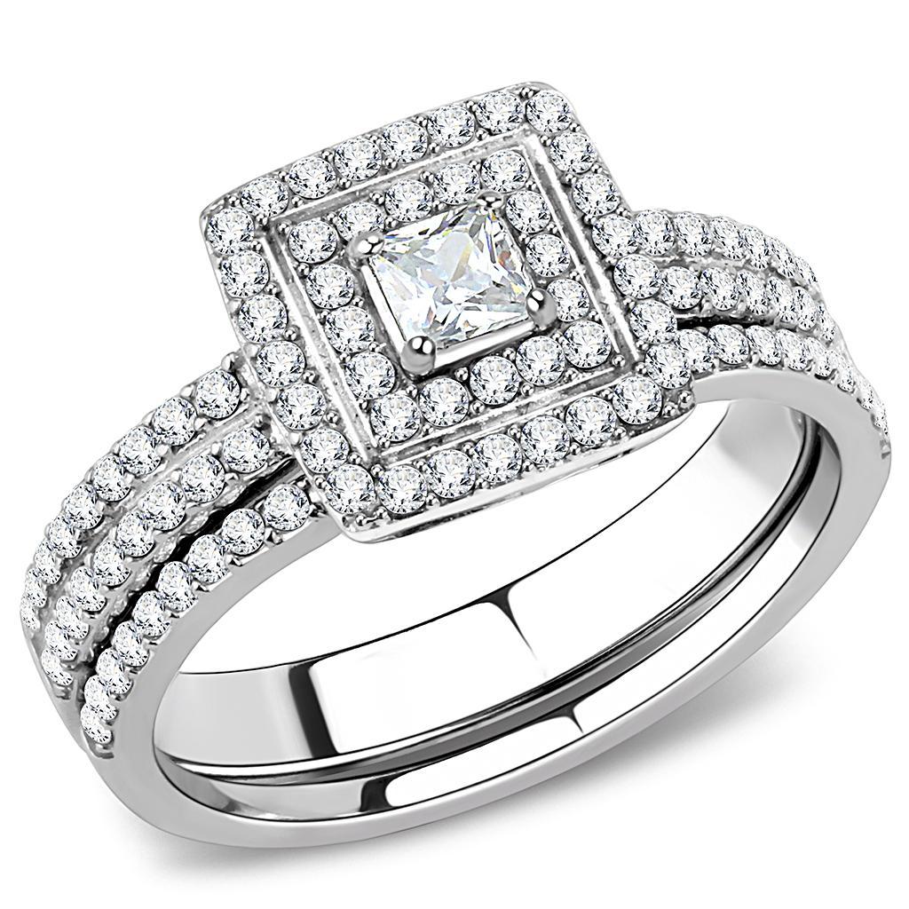 DA064 - High polished (no plating) Stainless Steel Ring with AAA Grade CZ  in Clear - Joyeria Lady