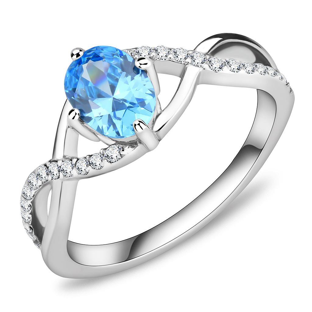 DA117 - High polished (no plating) Stainless Steel Ring with AAA Grade CZ  in Sea Blue - Joyeria Lady