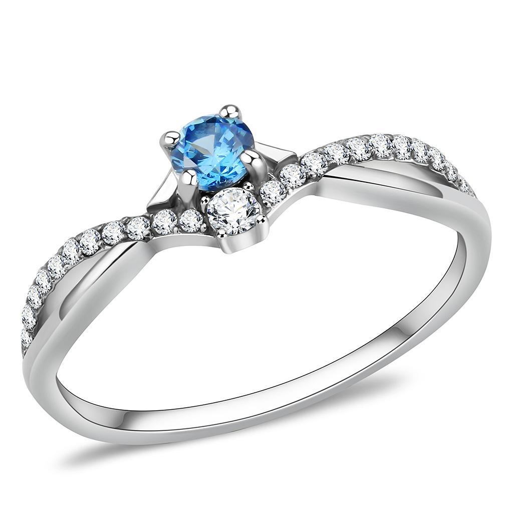 DA120 - High polished (no plating) Stainless Steel Ring with AAA Grade CZ  in Sea Blue - Joyeria Lady