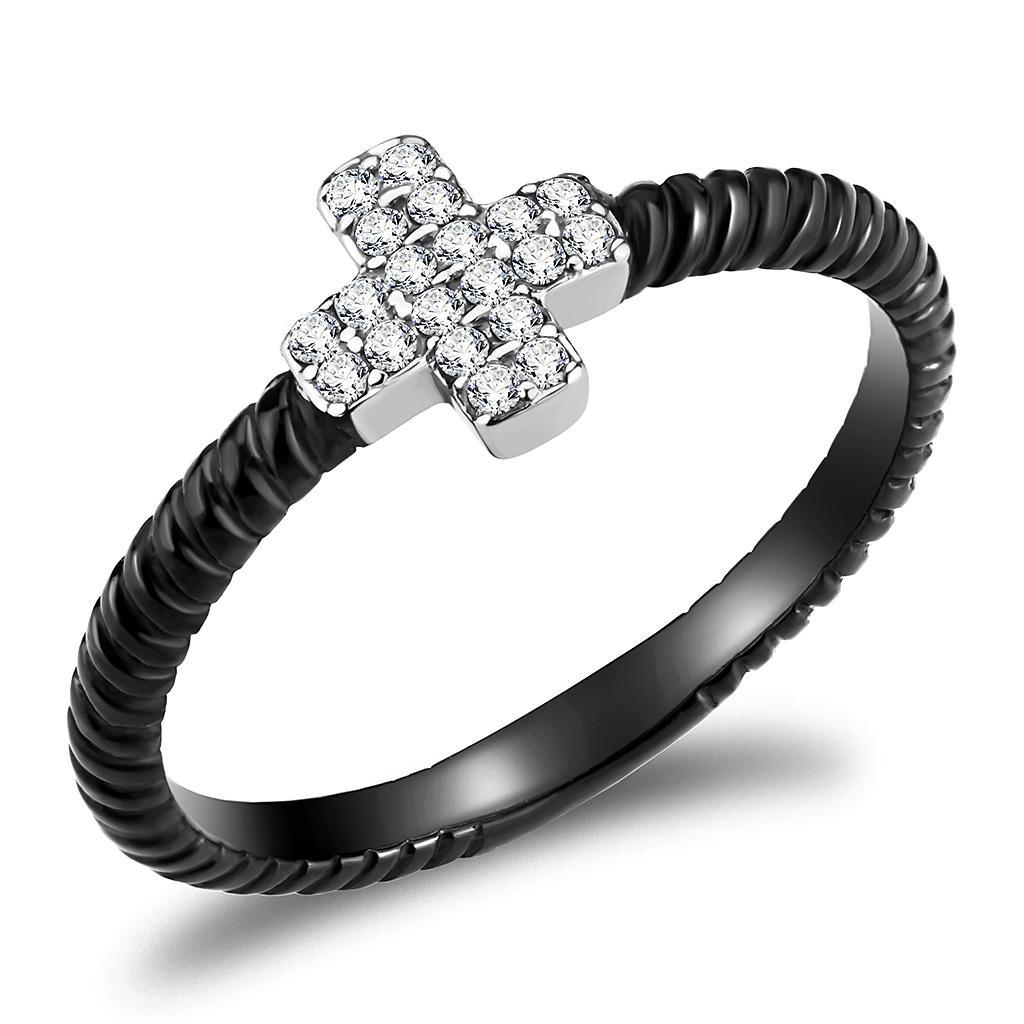 DA127 - Two-Tone IP Black (Ion Plating) Stainless Steel Ring with AAA Grade CZ  in Clear - Joyeria Lady