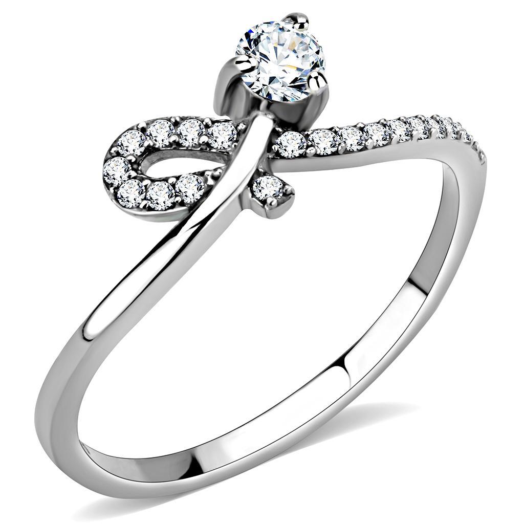 DA142 - High polished (no plating) Stainless Steel Ring with AAA Grade CZ  in Clear - Joyeria Lady