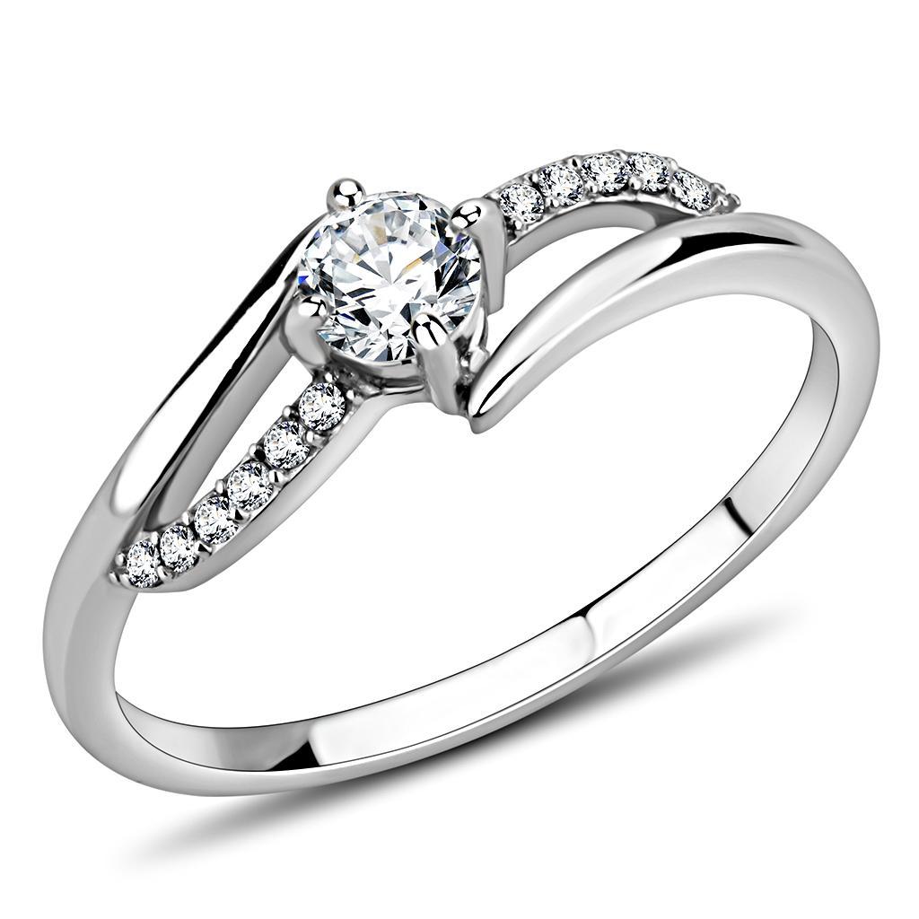 DA144 - High polished (no plating) Stainless Steel Ring with AAA Grade CZ  in Clear - Joyeria Lady