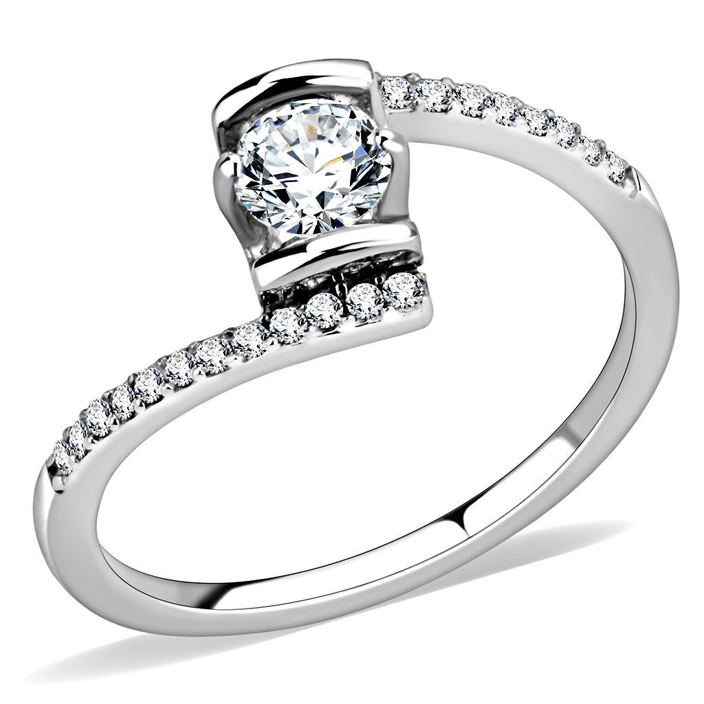 DA151 - High polished (no plating) Stainless Steel Ring with AAA Grade CZ  in Clear - Joyeria Lady