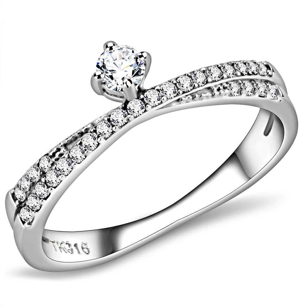 DA153 - High polished (no plating) Stainless Steel Ring with AAA Grade CZ  in Clear - Joyeria Lady