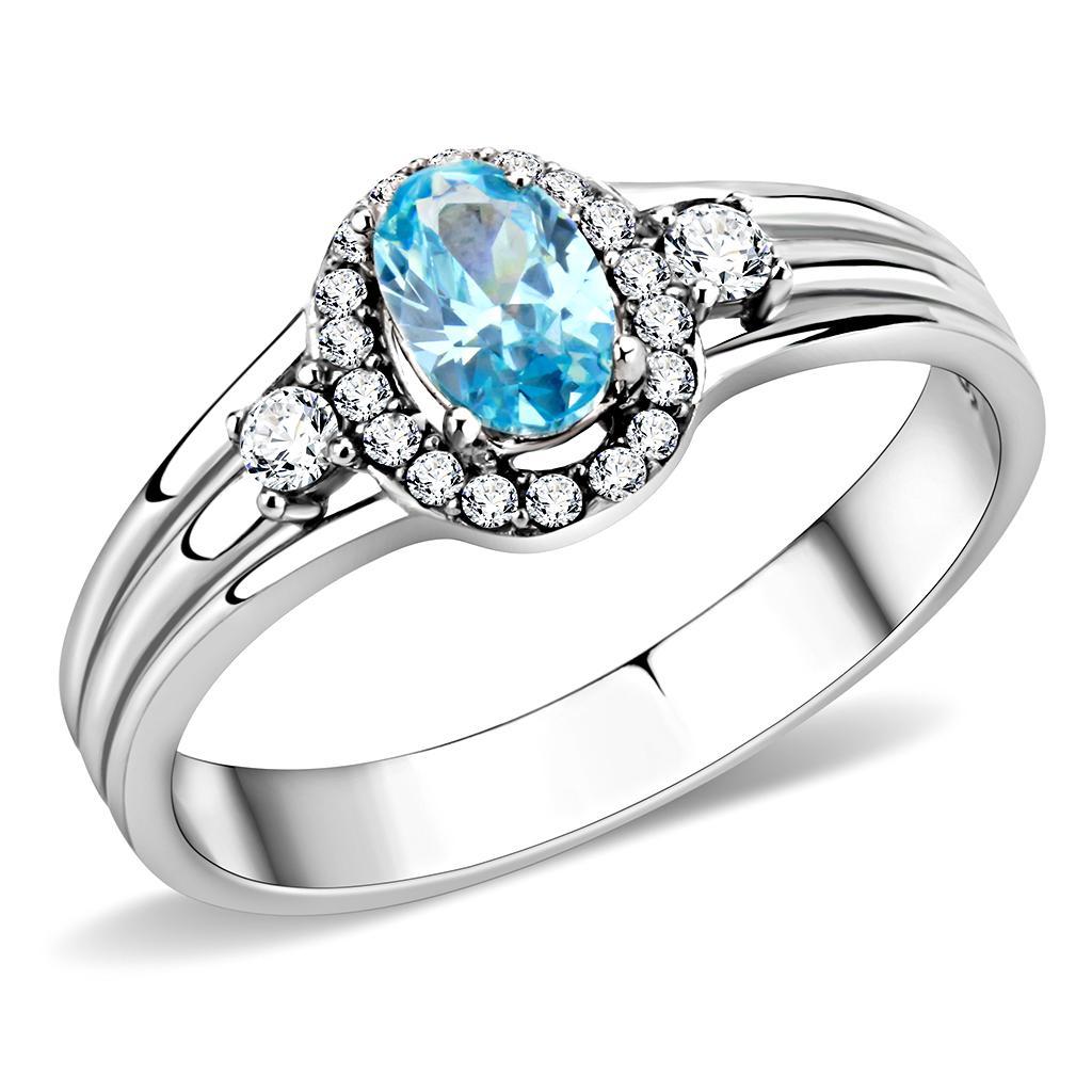 DA166 - High polished (no plating) Stainless Steel Ring with AAA Grade CZ  in Sea Blue - Joyeria Lady