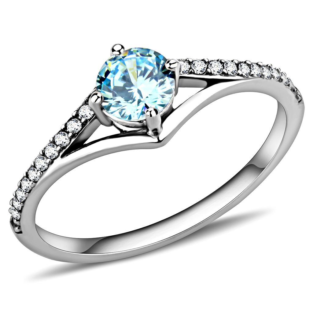 DA167 - High polished (no plating) Stainless Steel Ring with AAA Grade CZ  in Sea Blue - Joyeria Lady