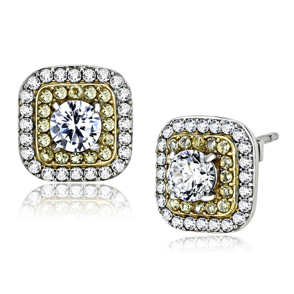 DA220 Two-Tone IP Gold (Ion Plating) Stainless Steel Earrings with AAA Grade CZ in Clear - Joyeria Lady