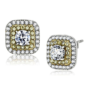 DA220 Two-Tone IP Gold (Ion Plating) Stainless Steel Earrings with AAA Grade CZ in Clear - Joyeria Lady