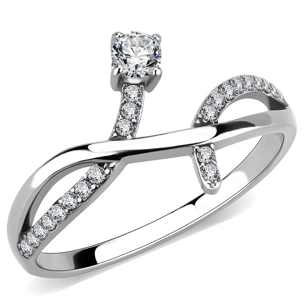 DA240 - High polished (no plating) Stainless Steel Ring with AAA Grade CZ  in Clear - Joyeria Lady