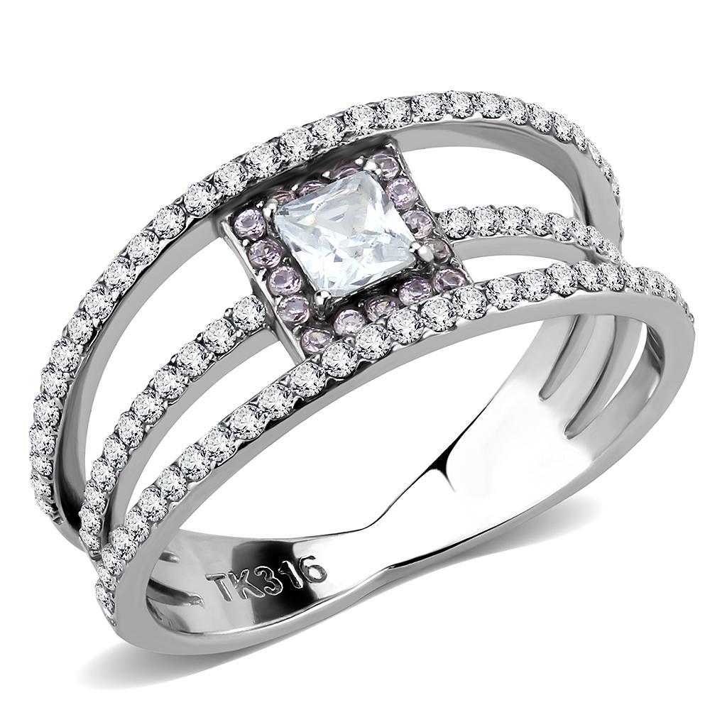 DA257 - High polished (no plating) Stainless Steel Ring with AAA Grade CZ  in Clear - Joyeria Lady