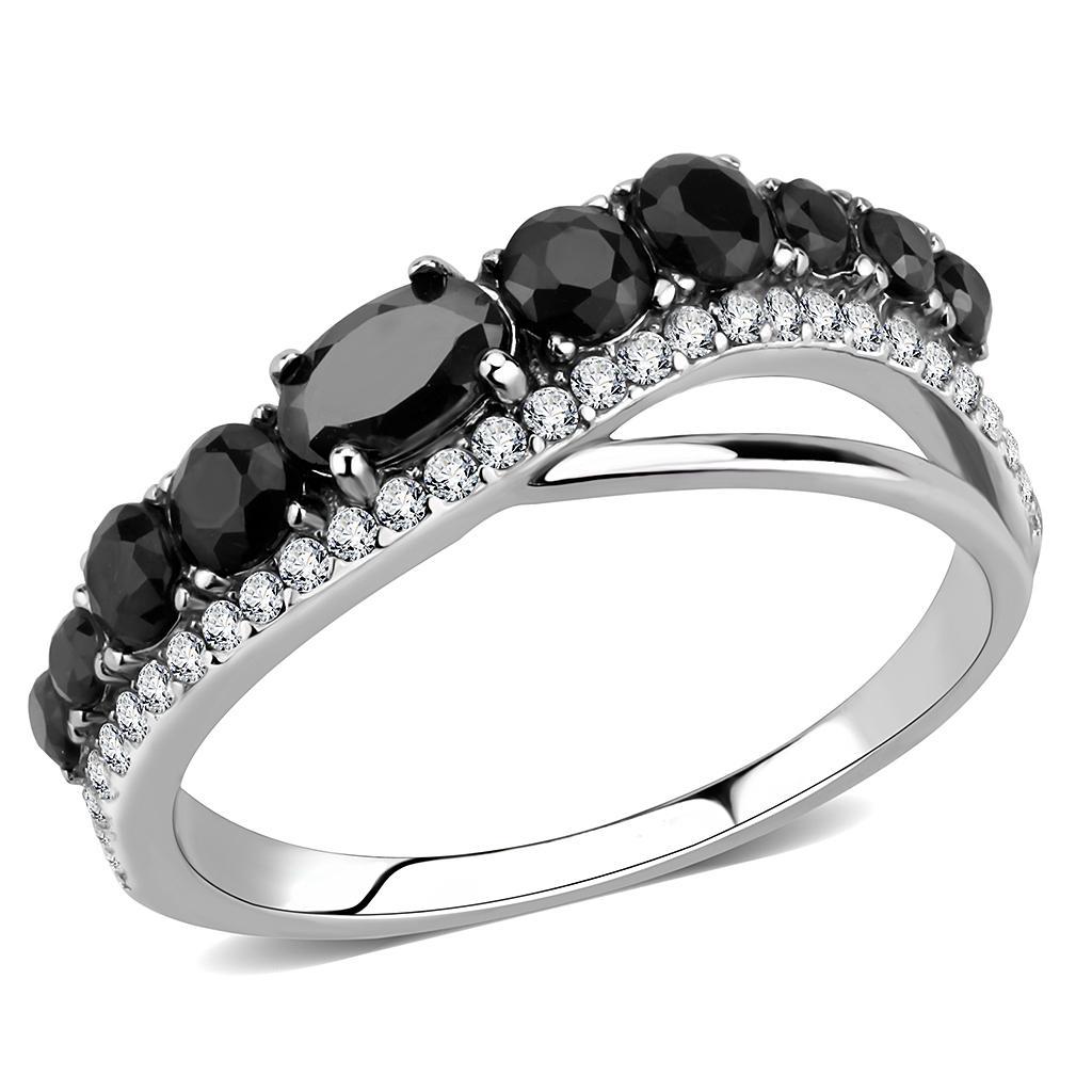 DA269 - High polished (no plating) Stainless Steel Ring with AAA Grade CZ  in Black Diamond - Joyeria Lady