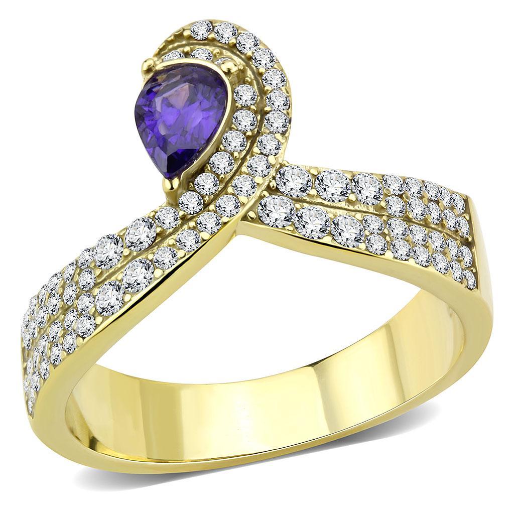 DA304 - IP Gold(Ion Plating) Stainless Steel Ring with AAA Grade CZ  in Tanzanite - Joyeria Lady