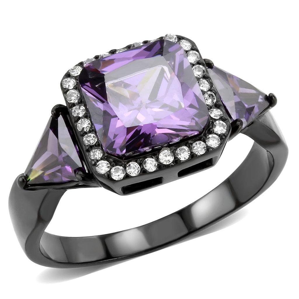 DA346 - IP Black(Ion Plating) Stainless Steel Ring with AAA Grade CZ  in Amethyst - Joyeria Lady
