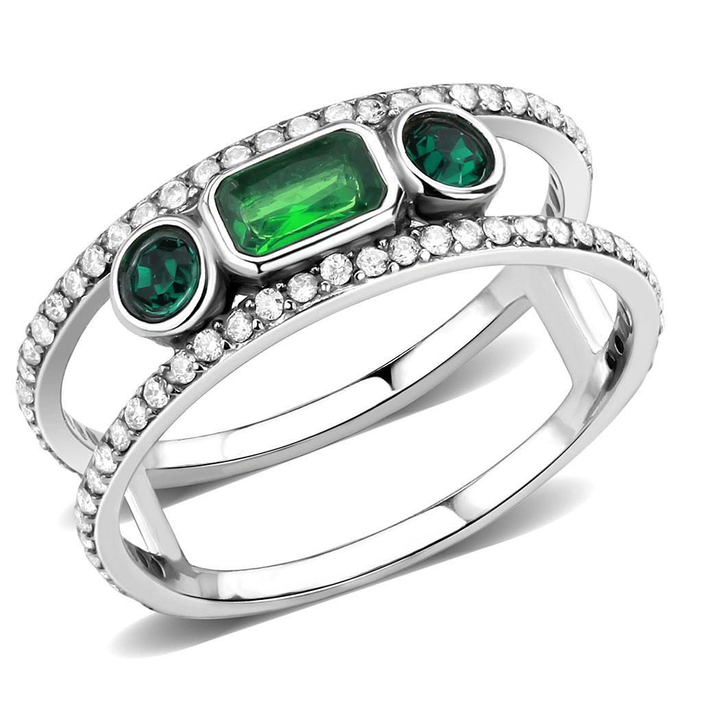 DA348 - High polished (no plating) Stainless Steel Ring with Synthetic Synthetic Glass in Emerald - Joyeria Lady