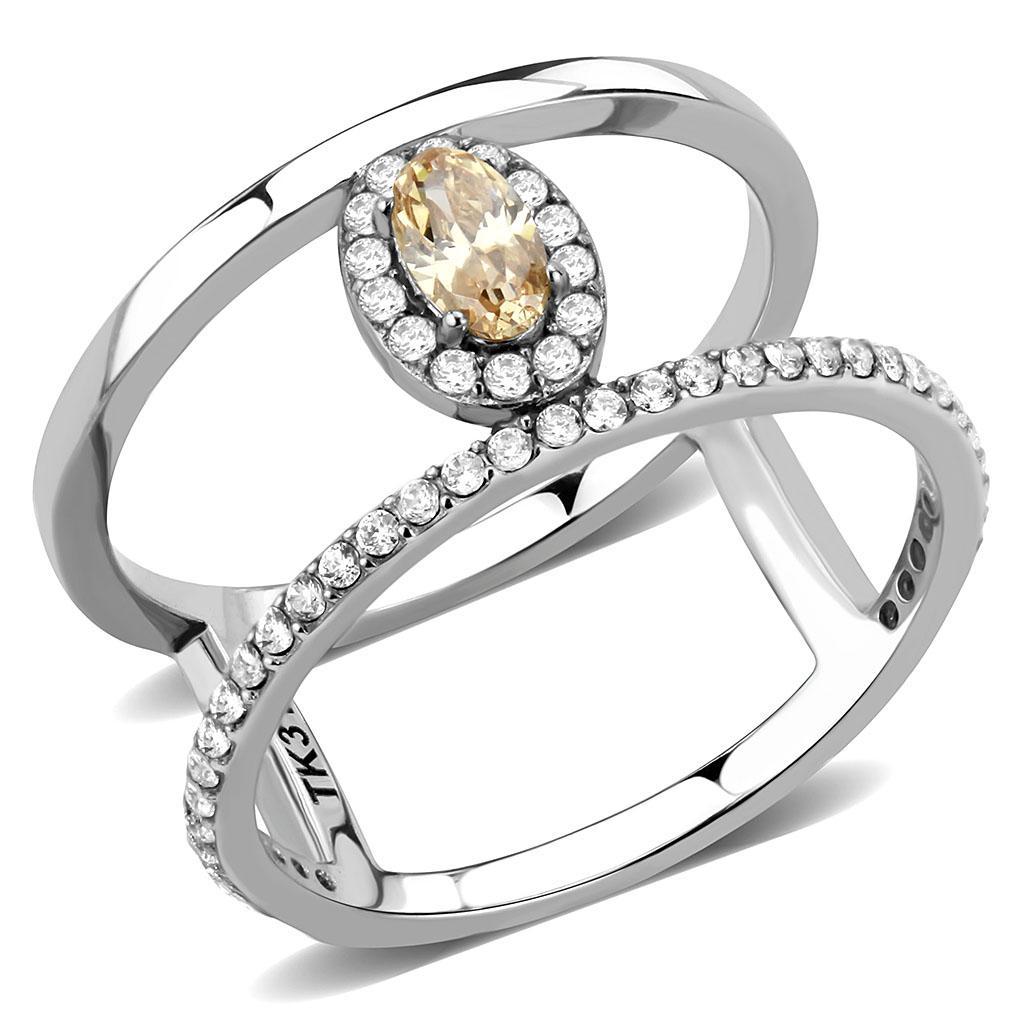 DA352 - High polished (no plating) Stainless Steel Ring with AAA Grade CZ  in Champagne - Joyeria Lady