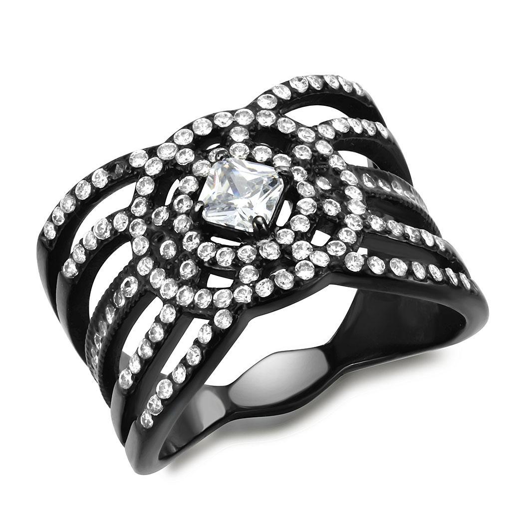 DA363 - IP Black(Ion Plating) Stainless Steel Ring with AAA Grade CZ  in Clear - Joyeria Lady
