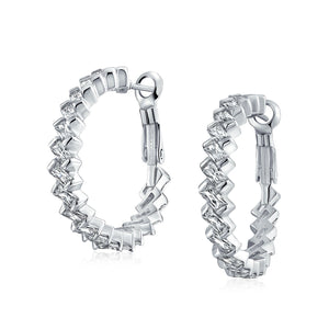 Statement Prom Pageant Bridal CZ Baguette Hoop Earrings Silver Plated - Joyeria Lady