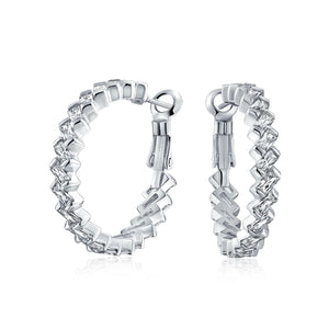 Statement Prom Pageant Bridal CZ Baguette Hoop Earrings Silver Plated
