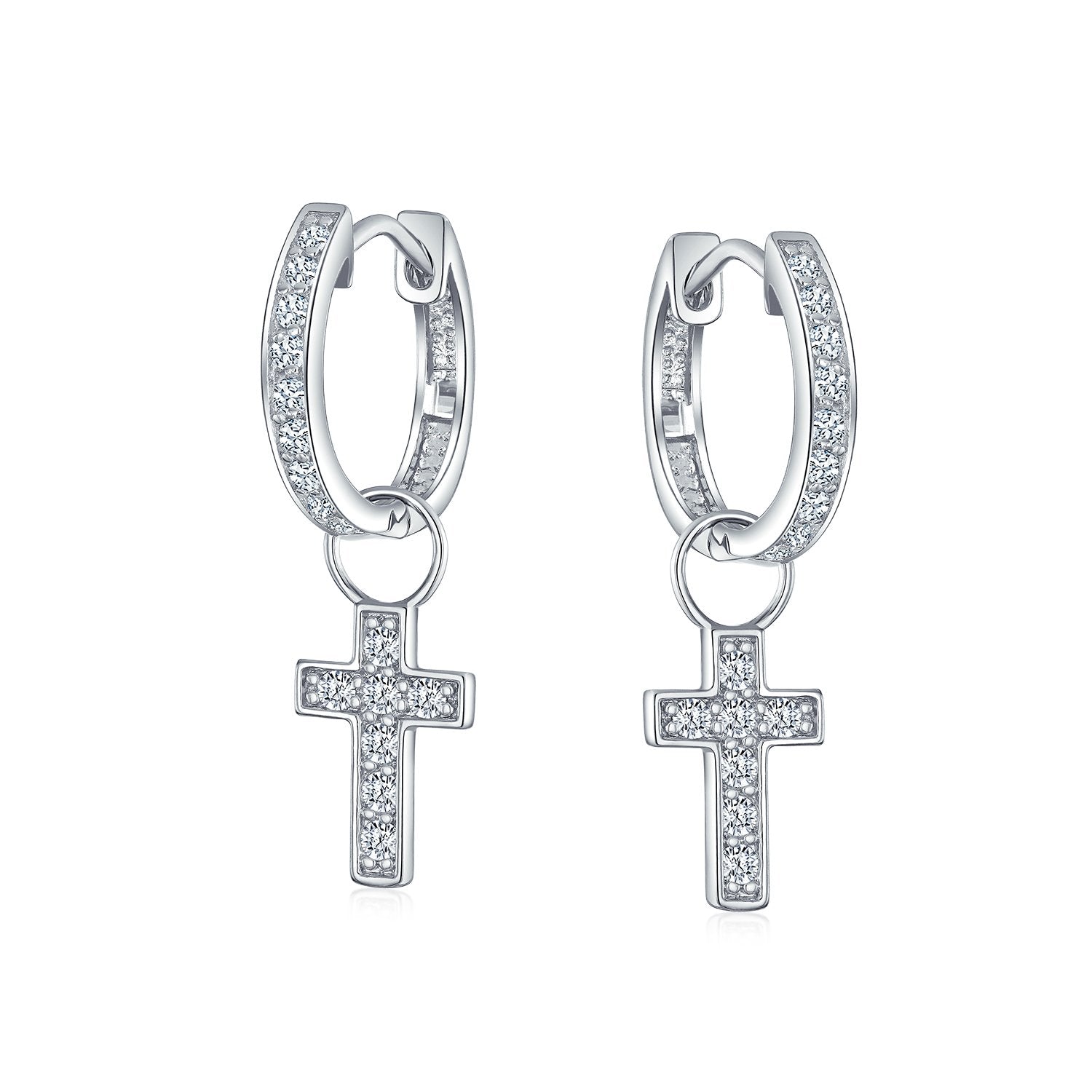 Delicate CZ Religious Cross Dangle Charm Hoop Earrings Gold Silver - Joyeria Lady