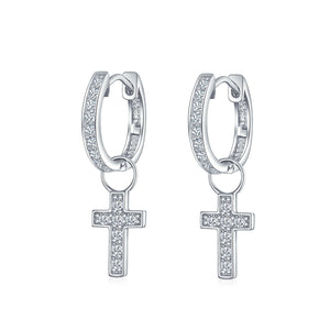 Delicate CZ Religious Cross Dangle Charm Hoop Earrings Gold Silver