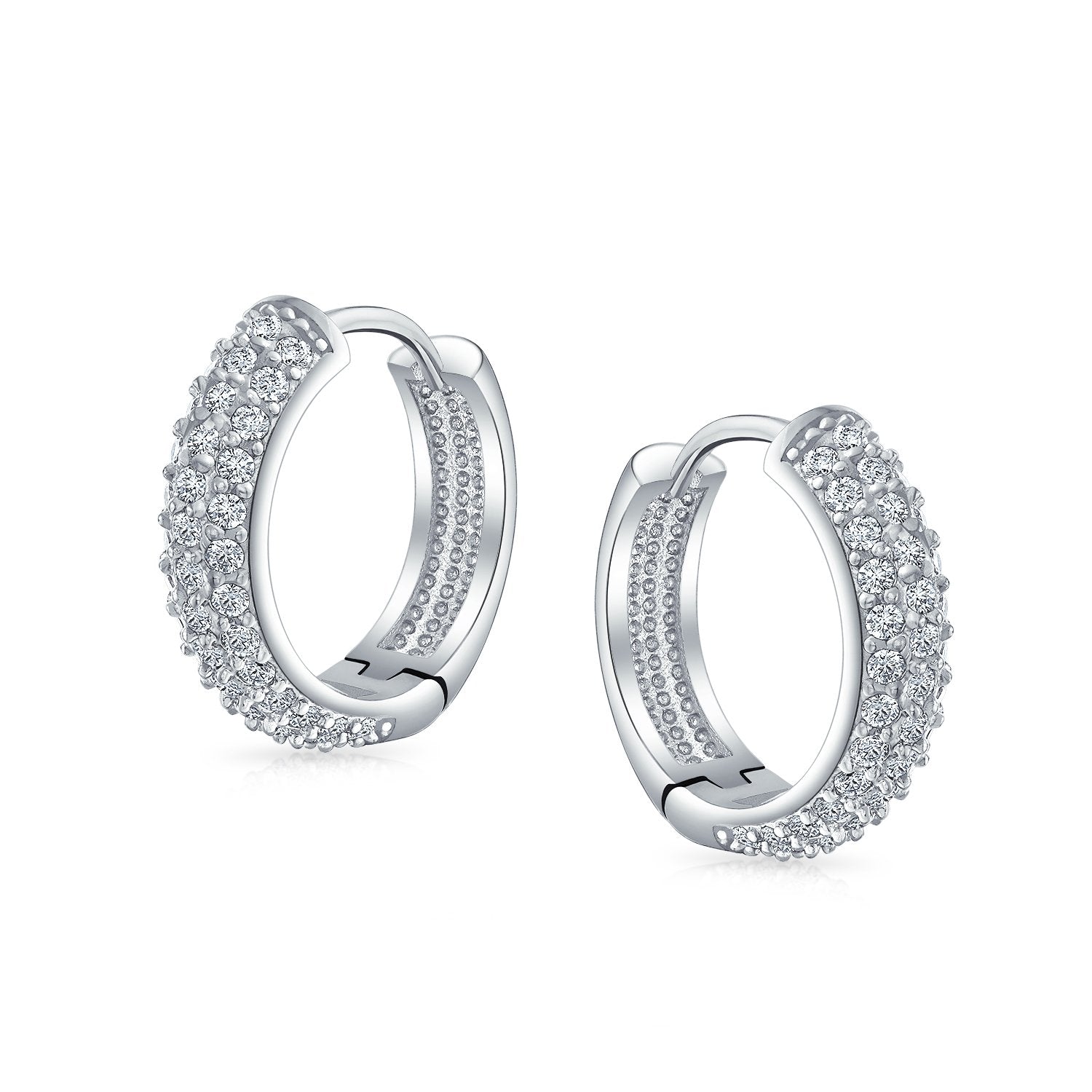 3 Three Row Cubic Zirconia Pave CZ Hoop Earrings Silver Plated Medium - Joyeria Lady