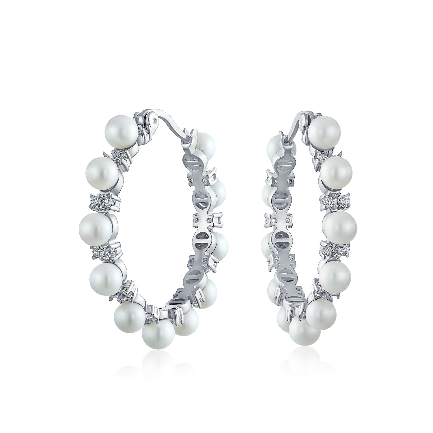 White Imitation Pearl Pageant Statement Hoop Earrings Silver Plated - Joyeria Lady