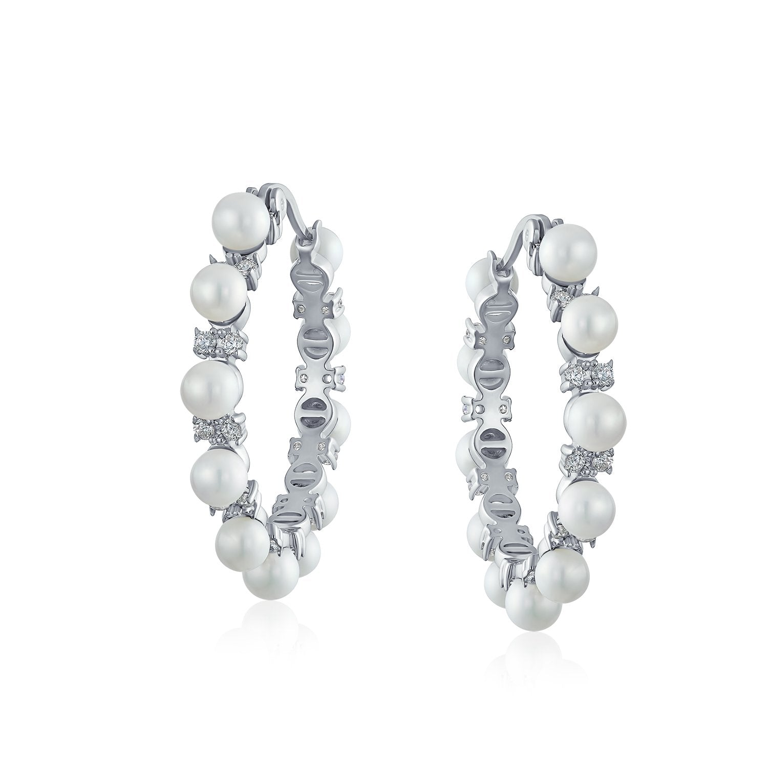 White Imitation Pearl Pageant Statement Hoop Earrings Silver Plated - Joyeria Lady