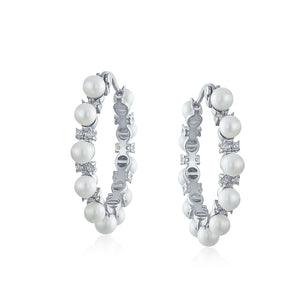 White Imitation Pearl Pageant Statement Hoop Earrings Silver Plated