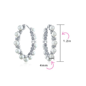 White Imitation Pearl Pageant Statement Hoop Earrings Silver Plated