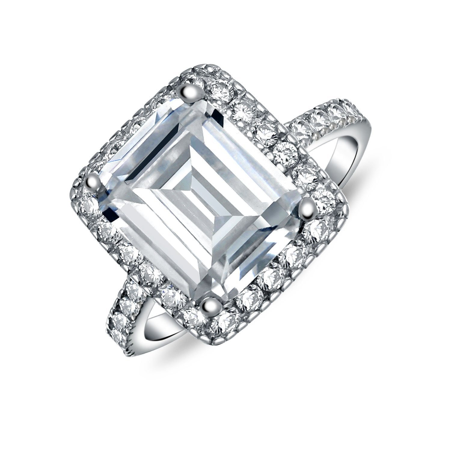Large Halo Pave 925 Sterling Silver 5CT Emerald Cut Engagement Ring - Joyeria Lady