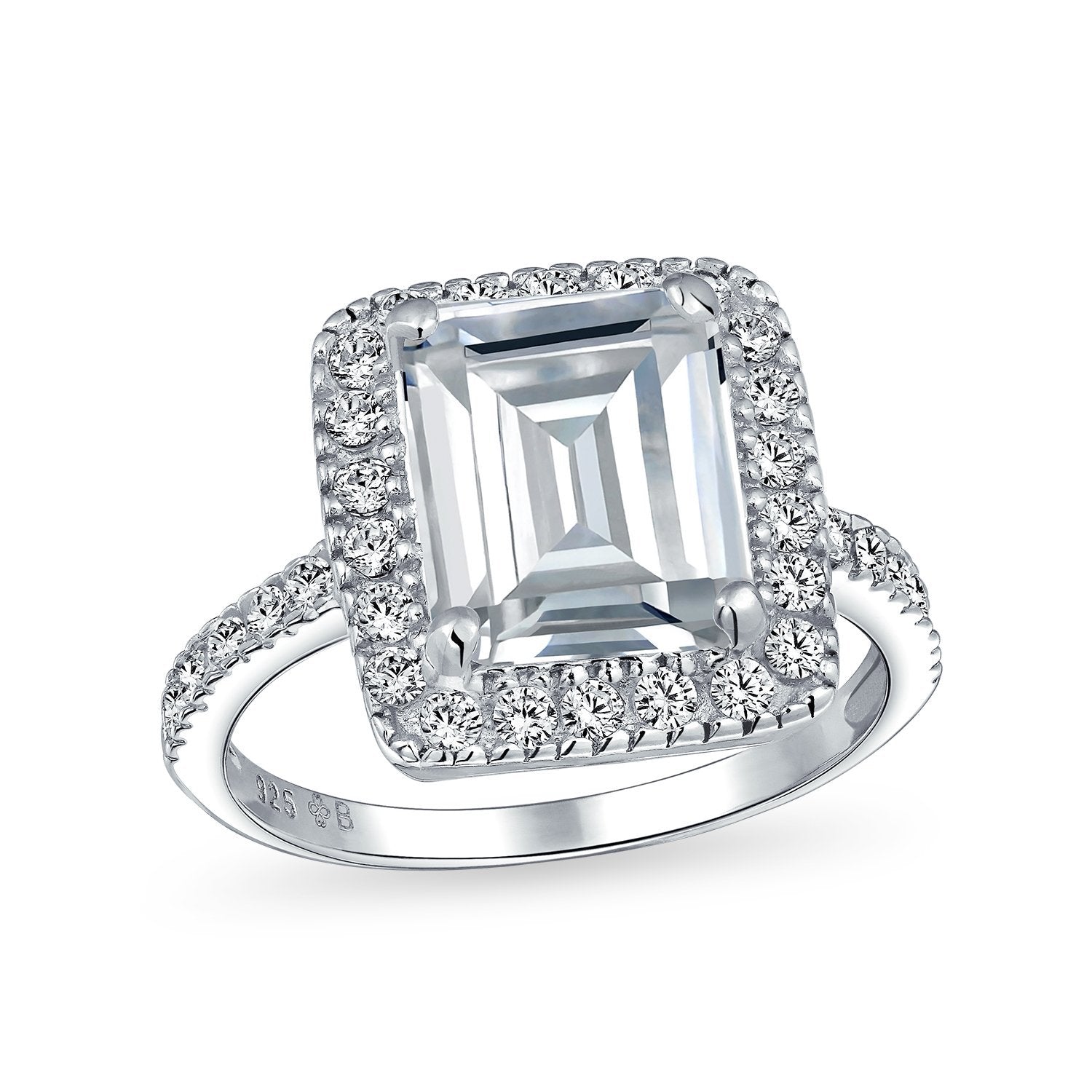 Large Halo Pave 925 Sterling Silver 5CT Emerald Cut Engagement Ring - Joyeria Lady