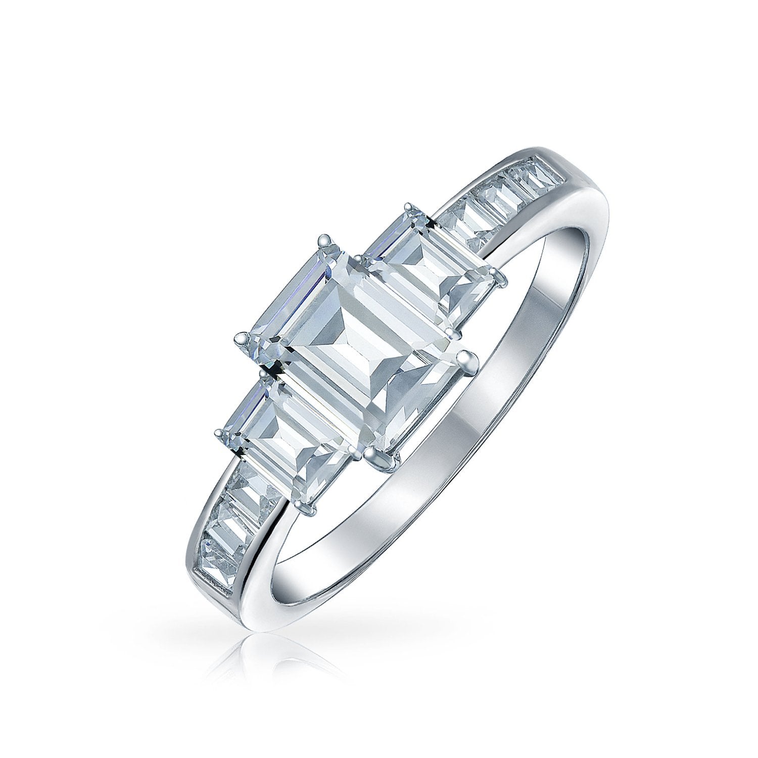 2CT Emerald Cut 3 Stone CZ Engagement Ring 925 Sterling Silver - Joyeria Lady