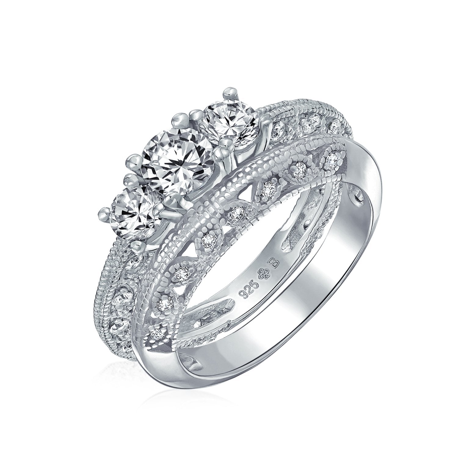 Filigree 3 CT Solitaire 3 Stone CZ Engagement Ring 925 Sterling Silver - Joyeria Lady