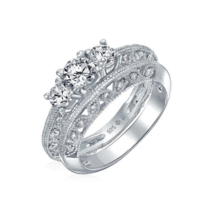 Filigree 3 CT Solitaire 3 Stone CZ Engagement Ring 925 Sterling Silver