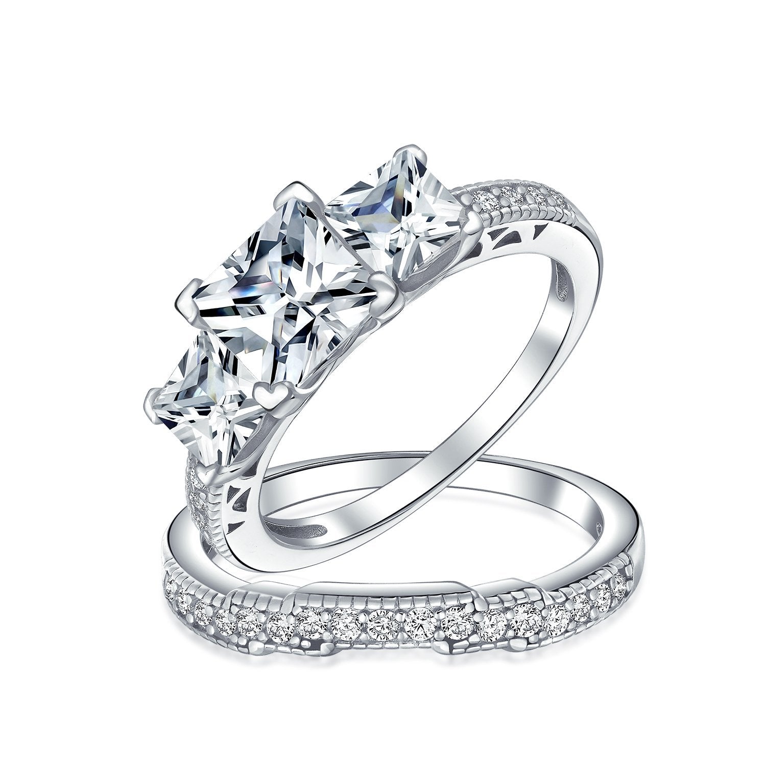 3CT Princess Cut 3 Stone CZ Engagement Wedding Ring Sterling Silver - Joyeria Lady