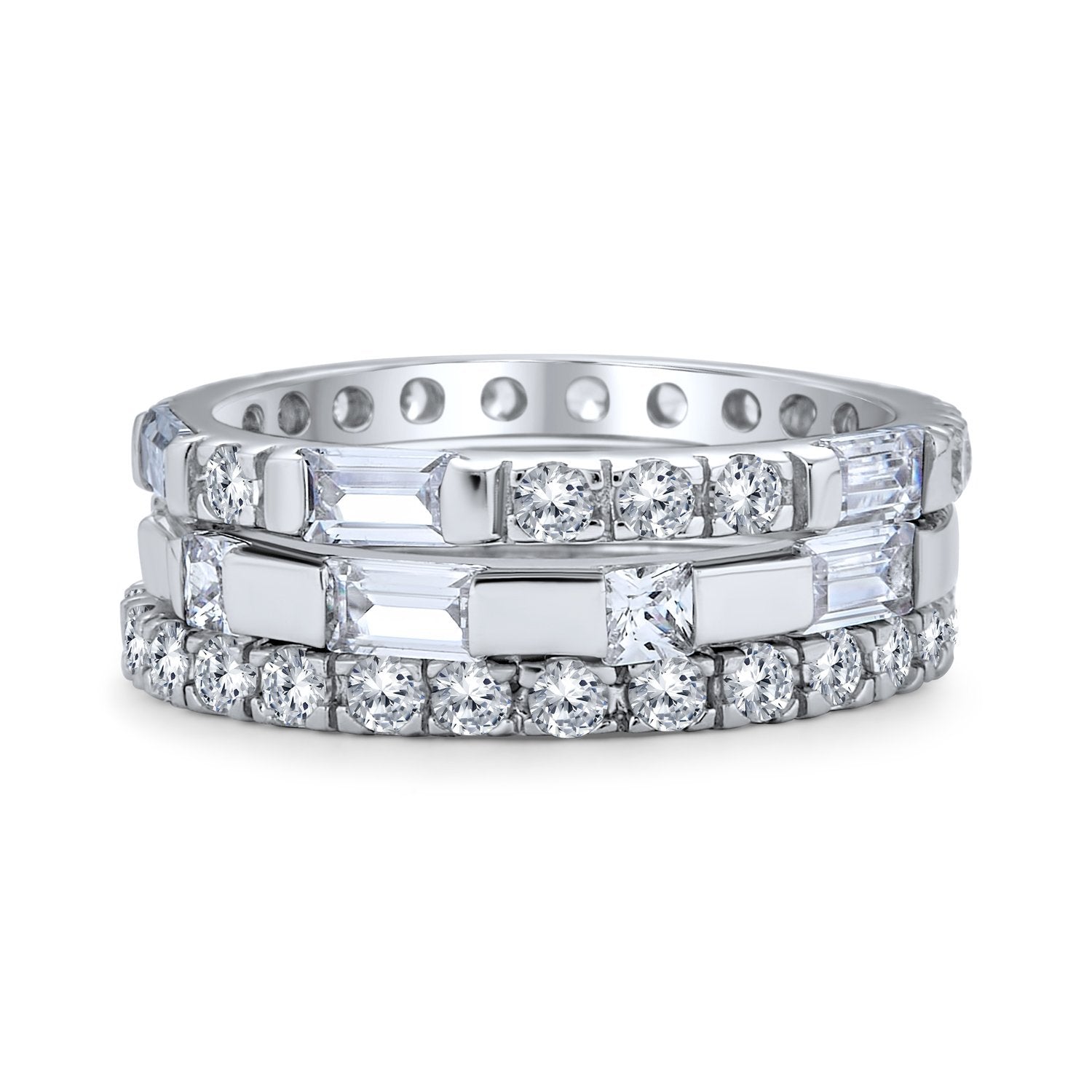 Stacking AAA CZ Baguette Eternity Wedding Band Ring Set 925 Sterling - Joyeria Lady