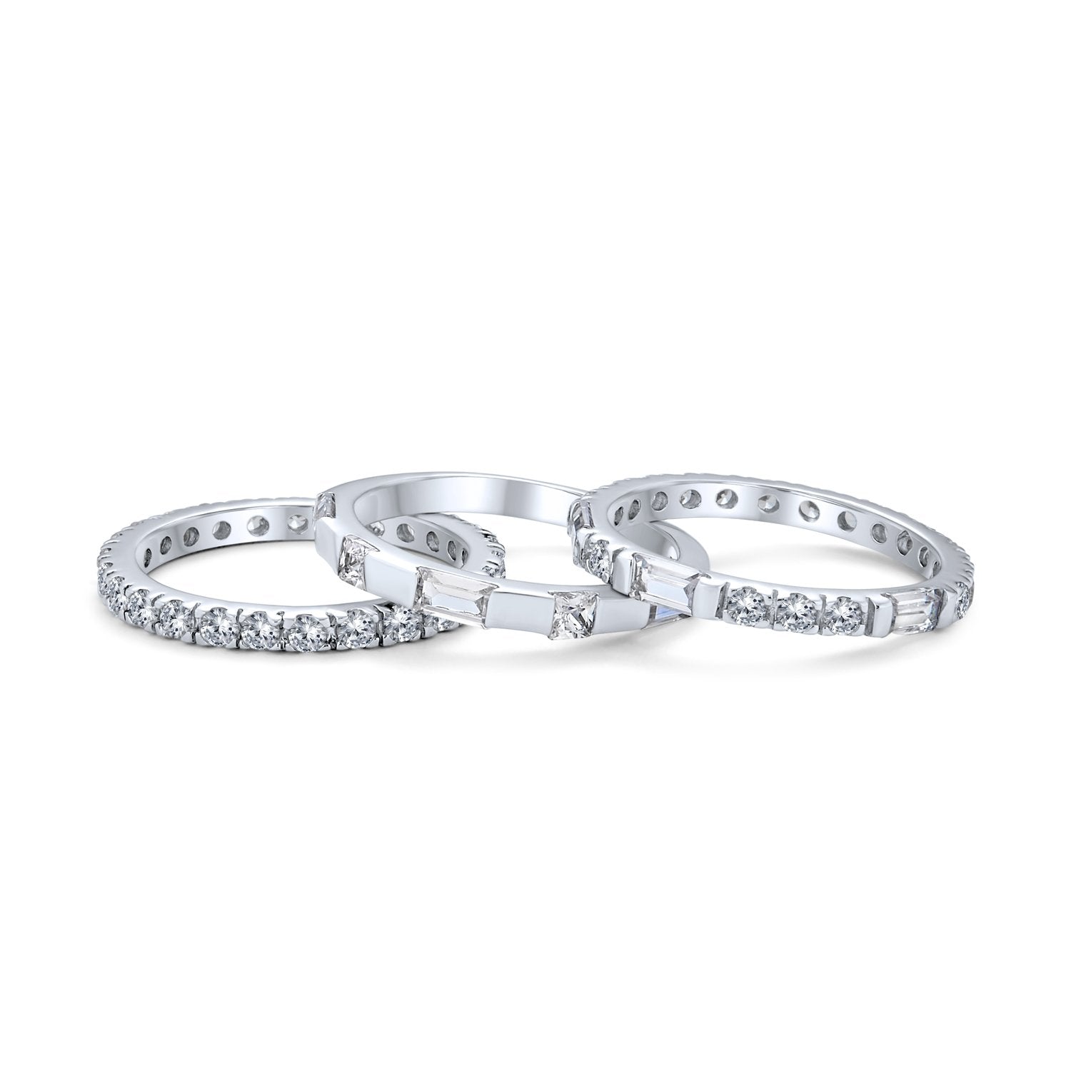 Stacking AAA CZ Baguette Eternity Wedding Band Ring Set 925 Sterling - Joyeria Lady