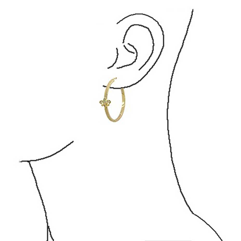 Fleur De Lis Textured Hoop Earrings Pave CZ Textured Gold Plated - Joyeria Lady