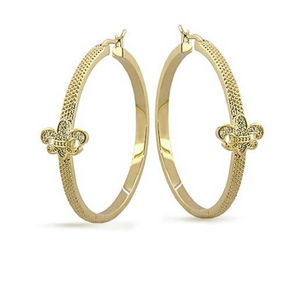 Fleur De Lis Textured Hoop Earrings Pave CZ Textured Gold Plated - Joyeria Lady