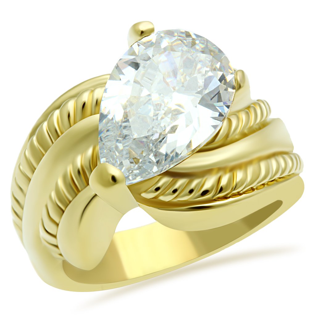 GL100 IP Gold(Ion Plating) Brass Ring with AAA Grade CZ in Clear - Joyeria Lady