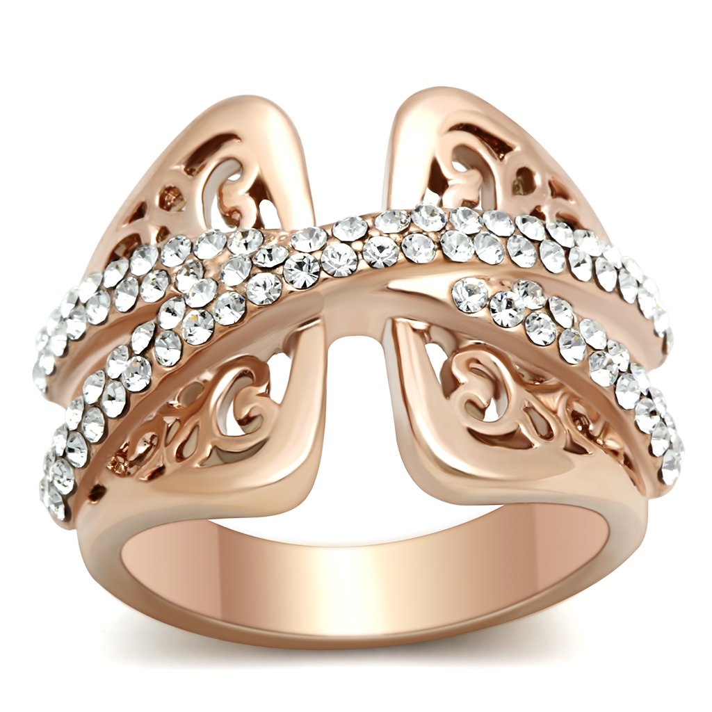 GL156 IP Rose Gold(Ion Plating) Brass Ring with Top Grade Crystal in Clear - Joyeria Lady